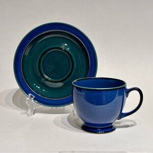 Vintage Denby Metz Green Blue Stoneware Footed Tea Cup and Saucer Set England